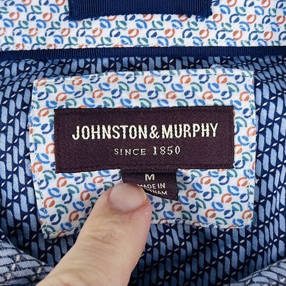 Johnston & Murphy Medium Casual Flip Cuff Shirt Blue Geometric 100% Cotton - Picture 3 of 5
